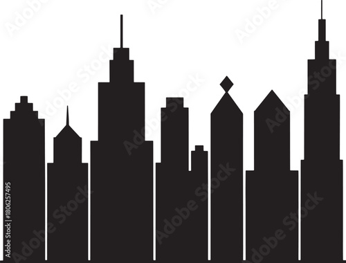 Black silhouette of diverse modern city skyscrapers against a stark white background skyline
