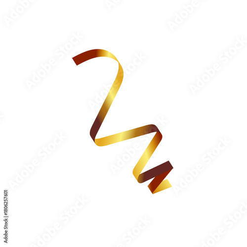 A single shiny golden serpentine ribbon curled and twirling, isolated on a white background for festive party decorations and celebration design elements