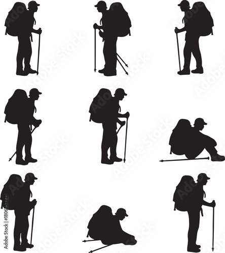 Nine black silhouettes of hikers with backpacks and trekking poles in various poses on a white background on transparent background