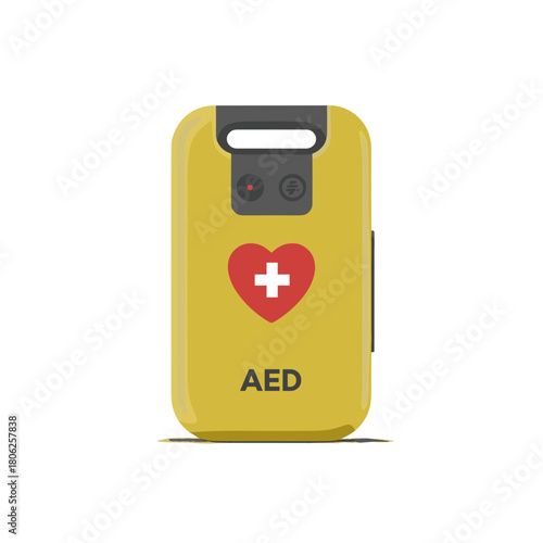 Yellow aed device with heart and cross symbol in a clean medical equipment concept design