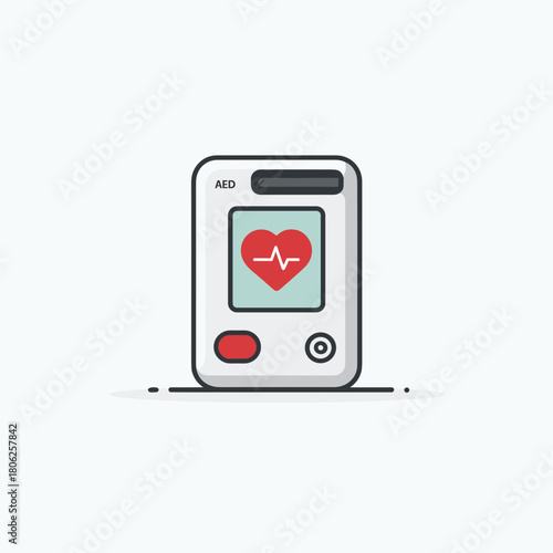 Aed device illustration with heart and pulse symbol in modern colorful flat style