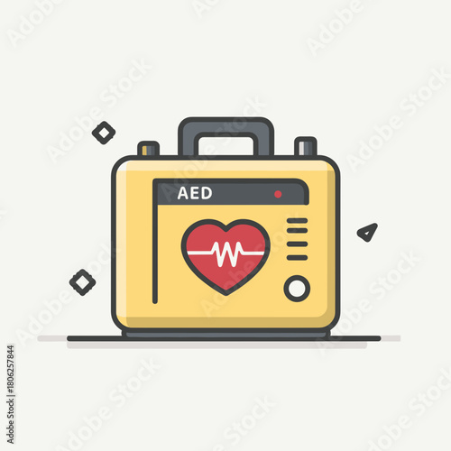 Yellow aed box with heart and pulse symbol in clean modern flat illustration