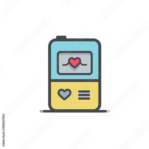 Colorful aed device with heart and pulse display in modern flat medical design