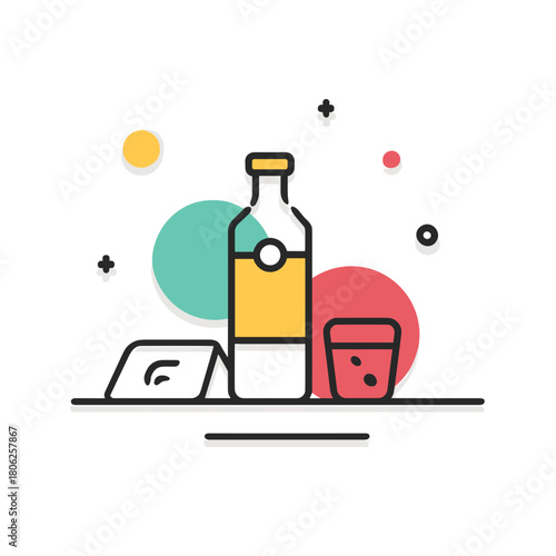 Alcohol bottle with cup and wipe in colorful modern flat illustration style