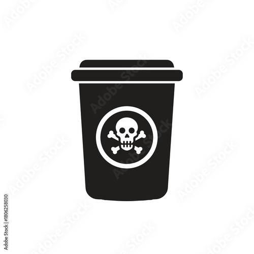 Toxic waste bin icon with skull and crossbones symbol in bold black silhouette design