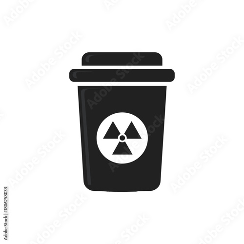Biohazard waste bin icon with radiation symbol in simple black and white style