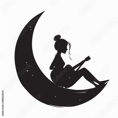 Girl Playing Guitar on Moon Silhouette Vector Illustration on white background