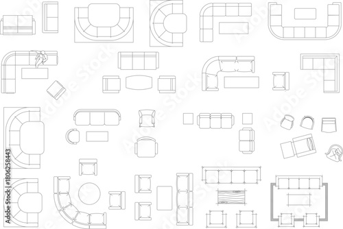 Vector line drawings of living room furniture in plan view: various sofas (modular, sectional), armchairs, and coffee tables for architectural layouts.