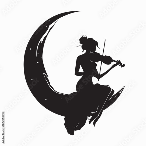 Violinist Girl Sitting on Crescent Moon Vector Silhouette isolated on white background