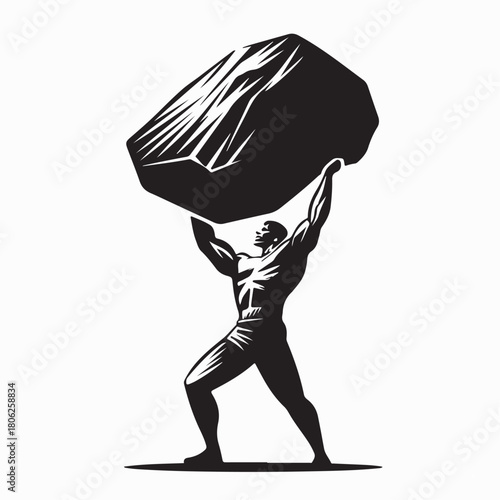 Powerful Man Carrying Giant Rock Silhouette Vector on white background