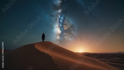 Abraham stands on desert sand dune watching starry night sky. Biblical prophet contemplates God promise about descendants as numerous as stars. Person observes Milky Way galaxy feeling solitude,