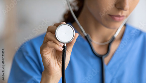 Focused female doctor in blue scrubs holds stethoscope ready for an exam. healthcare labor market faces serious challenges with professional shortages and high demand