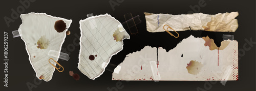 Scrapbook collection of vintage torn paper with rip edges, aged sticker fragments and notebook sheets attached by tape. Distressed textures with stains, burned marks, ink spots and wrinkled surfaces.