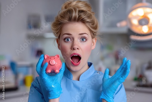 Dentist woman holding piggy bank shocked by healthcare cost