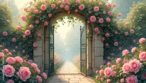Fototapeta Naklejka Na Ścianę i Meble -  Stone gate covered in pink roses leads to a misty garden path. Rich floral archway opens to a soft dreamlike landscape. Sunlight filters through green leaves, creating a tranquil romantic atmosphere.