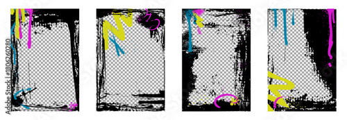 Graffiti style urban frame set with distressed black borders, colorful spray paint marks and transparent layouts. Rough brushstrokes with drips on street art aesthetic for modern graphic design.