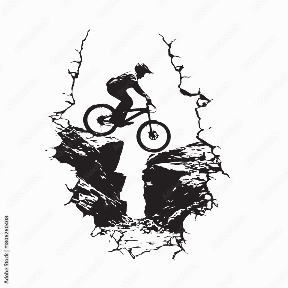 Fototapeta premium Mountain Biker Jumping Cliff Silhouette Vector isolated on white background