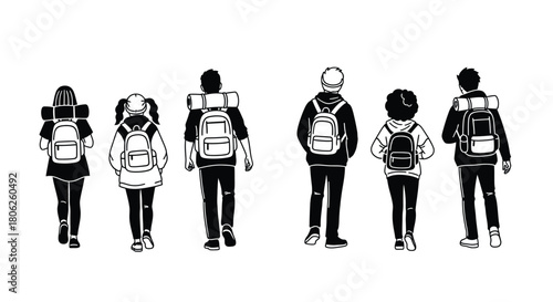 A group of people seen from behind each carrying a backpack