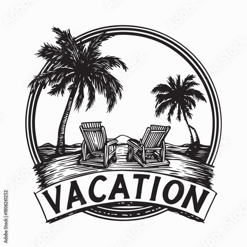 Pair of Beach Chairs Facing Ocean Vacation Logo Vector on white background