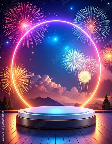 white and gold pedestal product display with light ring and fireworks in background
