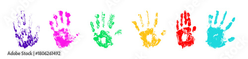 Colorful palm handprint collection with vibrant paint impressions and textured details. distinct marks in rainbow colors with finger patterns and organic brush like ornament on white background.