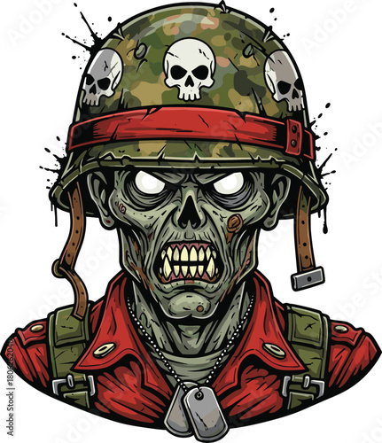 Zombie soldier illustration, camouflage helmet with skulls, scary undead army man, glowing eyes, dog tags, vector horror character, halloween mascot.