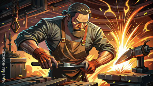 A hyper-detailed macro scene of a blacksmith’s weathered hands forging glowing hot metal, sparks flying as the hammer strikes, showcasing skill and intensity in a dim workshop