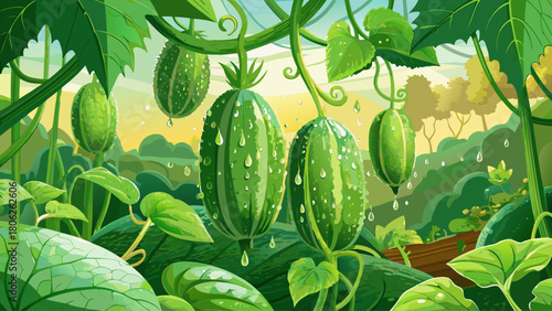 Highly detailed cucumber vines covered in fresh morning dew, showcasing crisp green leaves and developing cucumbers in a natural outdoor garden setting
