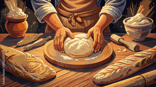 A close-up photorealistic shot of an artisan baker’s flour-dusted hands shaping dough on a wooden table, illuminated by warm, directional light that highlights texture and craftsmanship