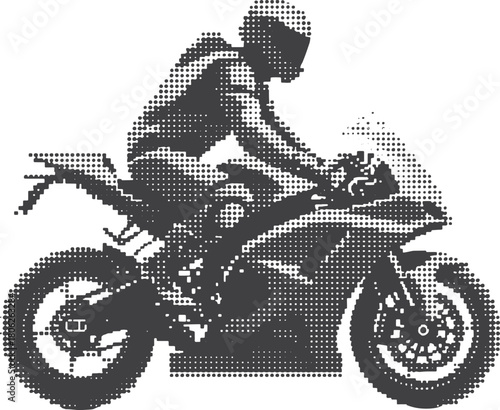 A bold halftone illustration of a motorcycle rider in motion, conveying speed, adrenaline, and athletic focus. Ideal for sports, automotive, and action-themed stock needs.