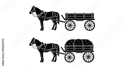 Simple black and white illustration of a horse pulling a wooden wagon