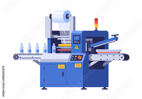 Blue Industrial Packaging Machine With Conveyor System.