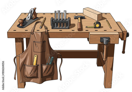 Carpenter Workbench With Tools And Leather Apron.