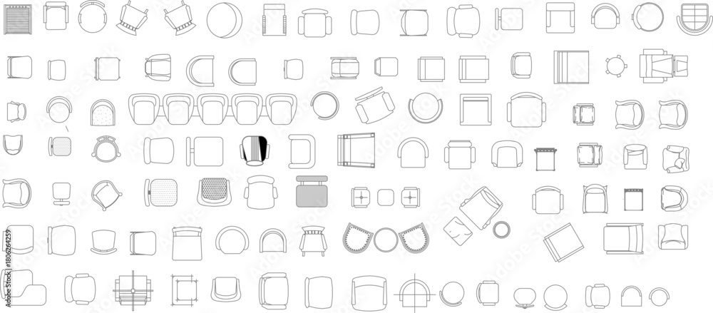Naklejka premium Extensive collection of diverse seating furniture in plan view, including hundreds of chairs, armchairs, and stools, ideal for detailed architectural layouts.