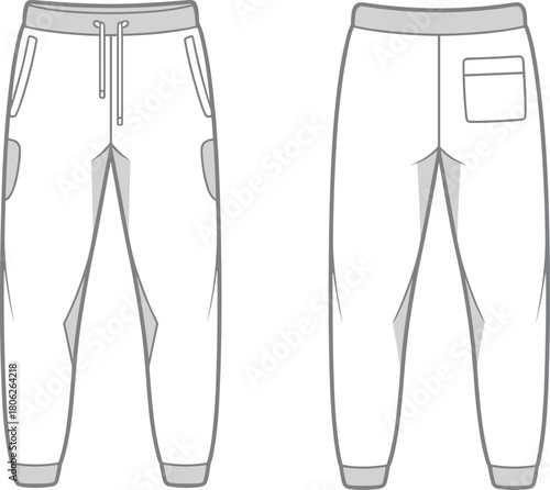 Men jogger pants front and back technical flat sketch, cad drawing flat vector illustration, fashion apparel design template for clothing production