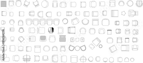 Extensive collection of diverse seating furniture in plan view, including hundreds of chairs, armchairs, and stools, ideal for detailed architectural layouts.