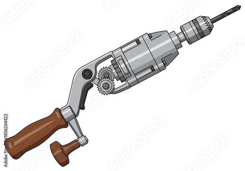 Corded drill hand tool with wood handle.