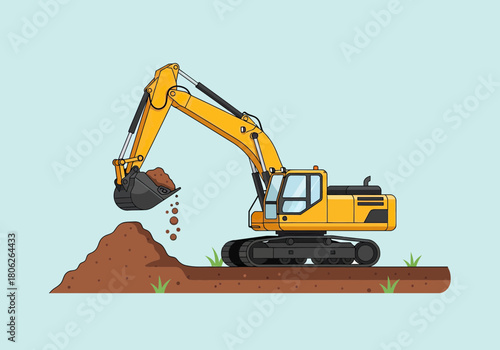 Excavator Digging Soil At Construction Site.