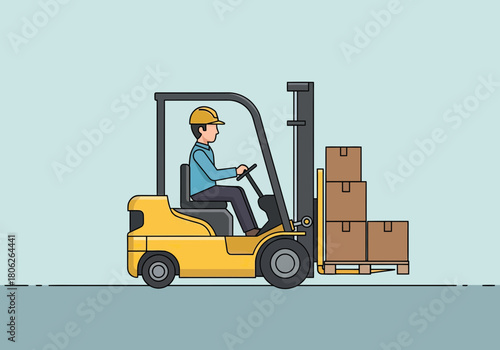 Forklift Operator Driving a Yellow Forklift with Boxes.