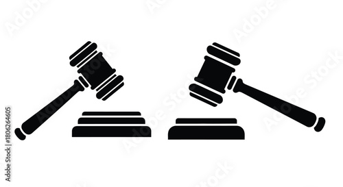 Two black silhouette gavels represent law justice and legal proceedings