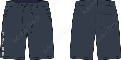 technical flat sketch of men’s drawstring shorts with belt loops, side pockets and back patch pocket, apparel design template