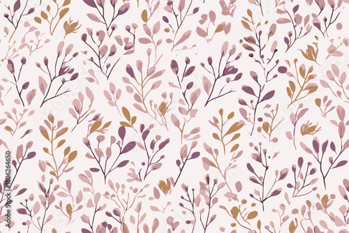 Hand drawn illustration of small repeating plants of muted lavender and dusty rose background suitable for summer abstract, textile, fashion, cover and fabric