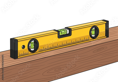 Handheld Spirit Level Tool on Wooden Beam.