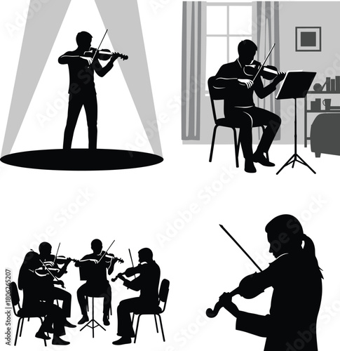 Violin Practice and Ensemble Silhouette Vector Collection