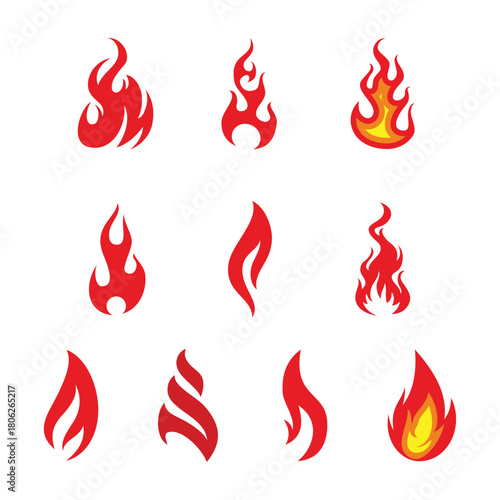 Set of flame icon with red and isolated background