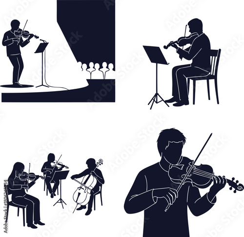 Violinist and String Quartet Silhouette Concert Vector Set