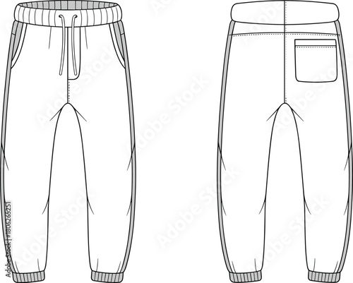 Men’s jogger pants vector template, elastic waistband drawstring, cuffed hem fashion flat sketch, front and back technical apparel cad illustration