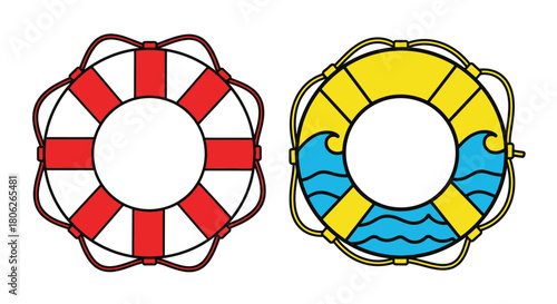 Two colorful life preservers one red and white one yellow and blue