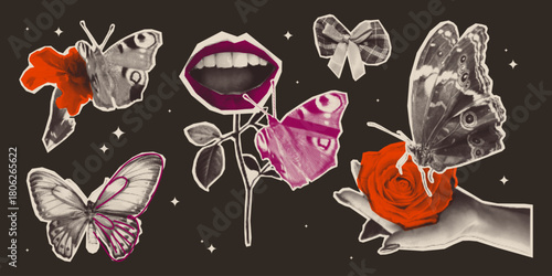 Halftone butterfly collage with grunge vintage flower stickers and opem female mouth. Monochrome dotted insects and roses, ribbon bow and lips with star sparkles - retro punk scrapbooking elements.