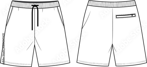 Men’s casual shorts vector template, elastic waistband drawstring design, front and back technical fashion flat sketch apparel illustration cad